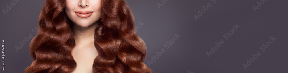 Beautiful woman hair. Long healthy brown curly hair on banner background - obrazy, fototapety, plakaty 