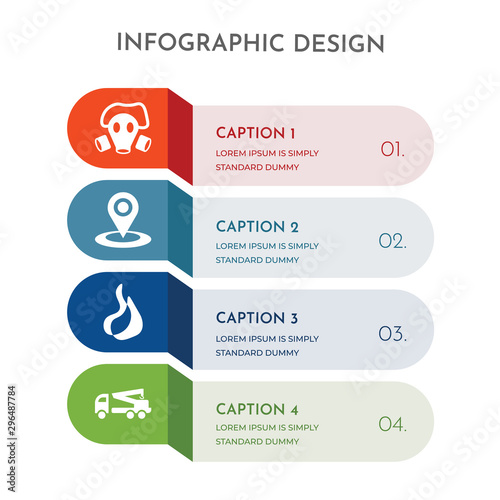 4 colorful filled icons set such as tow truck, disaster, location, gas mask