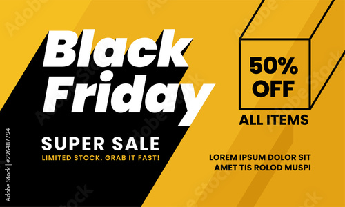 Black friday super sale 50% off modern typography long shadow style with 3d extrude box poster background social media promotion design. vector illustration graphic template