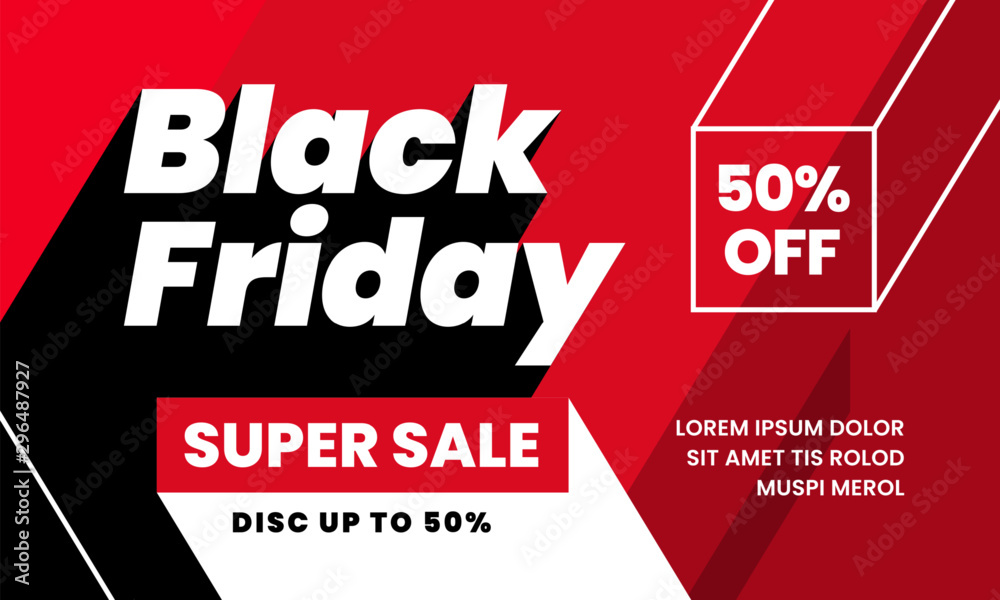 Fototapeta premium Black friday super sale 50% off poster background social media promotion design. trendy modern typography with long shadow style and 3d box vector illustration graphic template