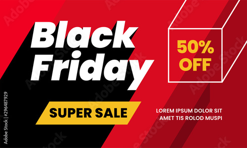 Black friday super sale 50% off poster background social media promotion design. trendy modern typography with long shadow style and 3d box vector illustration graphic template
