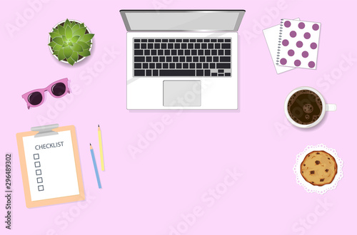Woman working desktop with computer, coffee, sunglasses and plant. Girly flat lay illustration