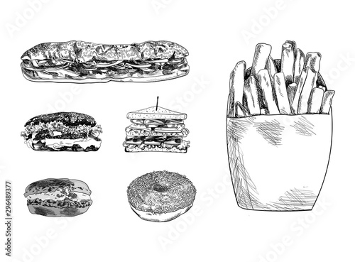 Vector Hand Drawn Fast Food Sketches Set, Drawings Collection, Burger, Sandwiches, Macaroon, Donut, French Fries.