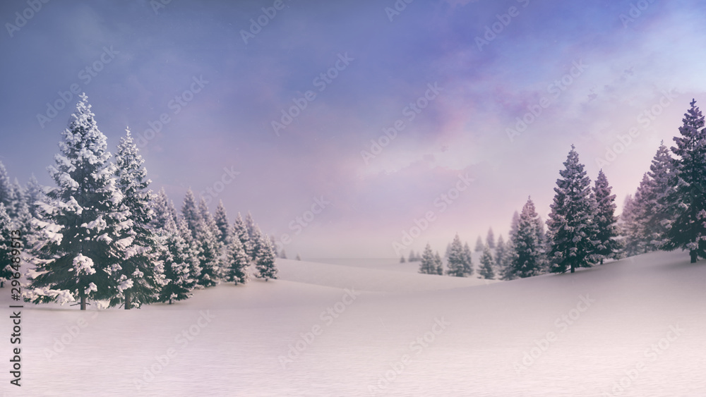 White spacious landscape with snow covered plain and forest at sunrise