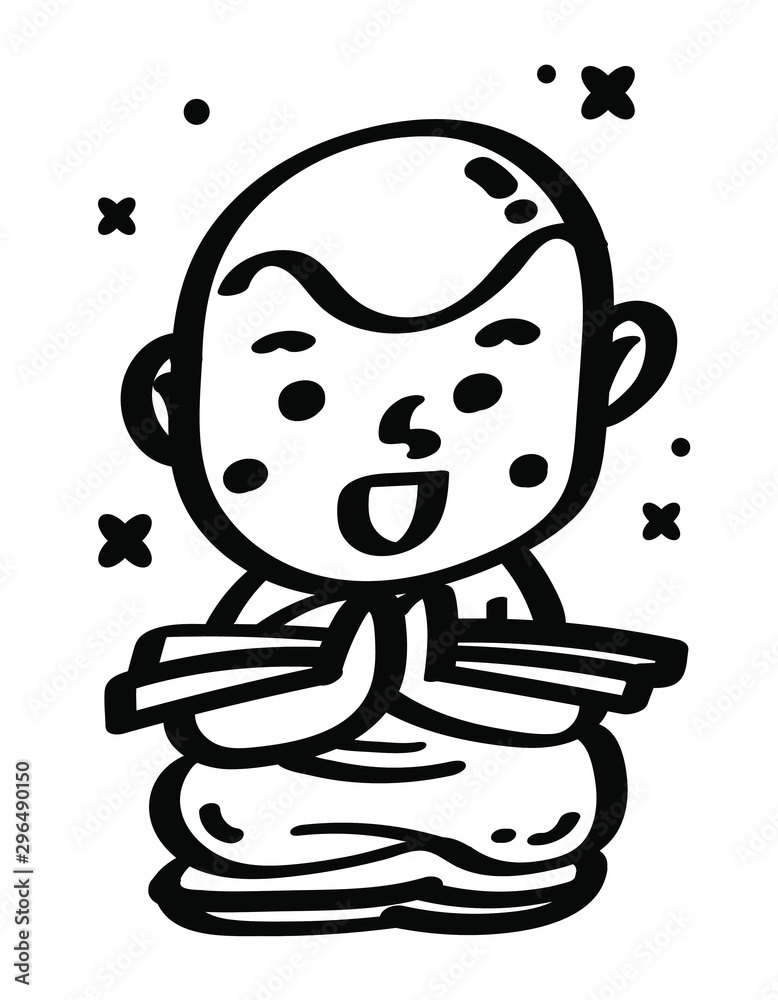 Obraz premium Monk cartoon vecter illustration. Line doodle art.