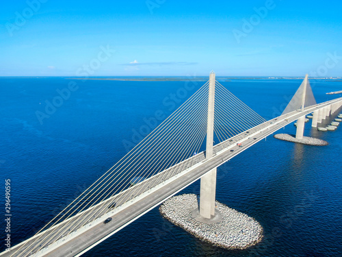 Aerial view of Sunshine Skyway, Tampa Bay Florida, USA. Big steel cable suspension bridge.