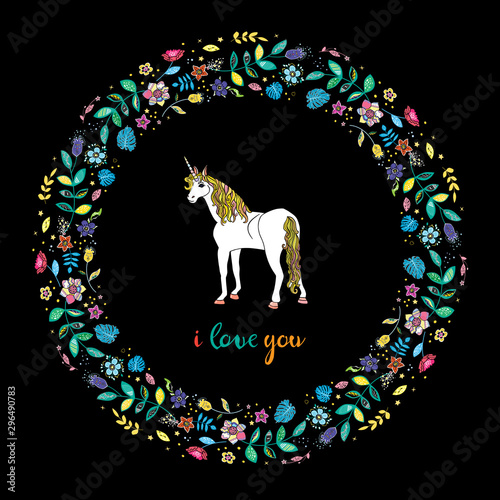 tropic doodle circle on the black background with standing white unicorn and lettering i love you