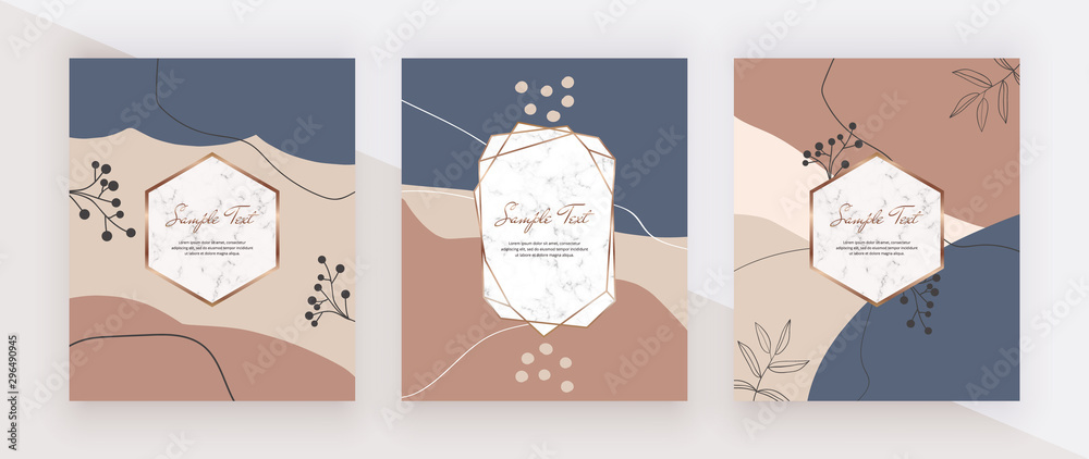 Abstract geometric hand painting cards with marble frames, nude, pink, blue and brown shapes. Trendy templates for wedding invitation, banner, card, flyer, poster