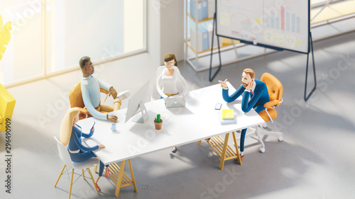 Fototapeta Naklejka Na Ścianę i Meble -  Seminar business conference with workers in office, planning new strategy. 3d illustration.  Cartoon characters. Business teamwork concept. 