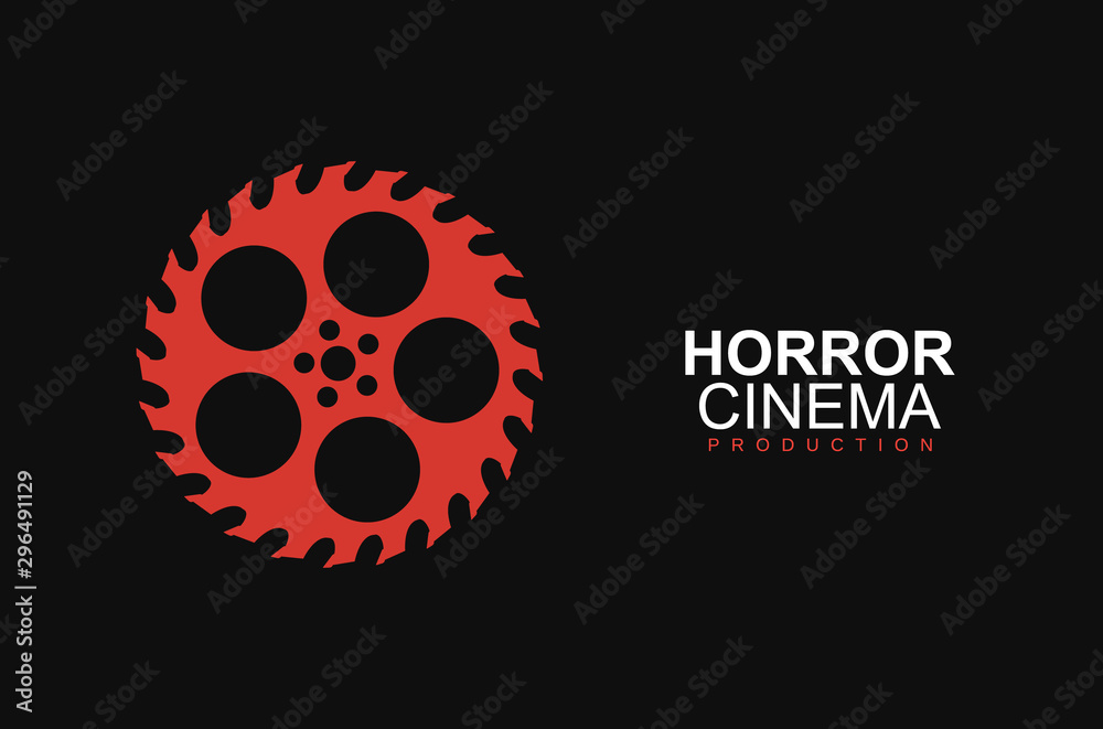 Horror film cinema logo vector logo template. Stylized movies reel and circular saw on black background. Entertainment logotype concept