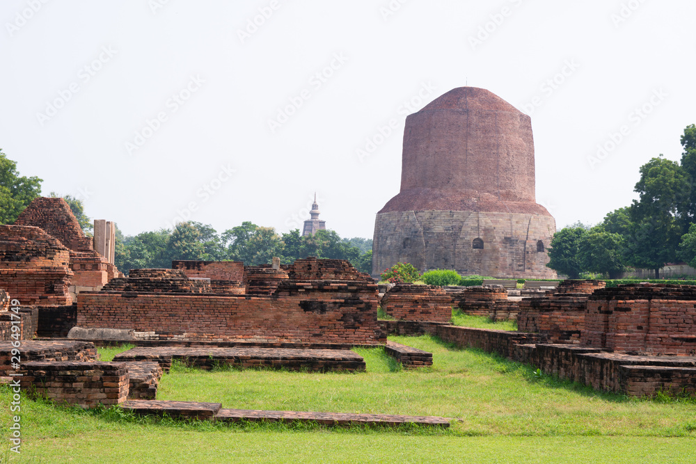 Dhamekh Stupa at Sarnath, Varanasi, India. Its a UNESCO world heritage site and a Buddhist pilgrims place where Gautam Buddha was taking spiritual classes in King Ashoka empire.