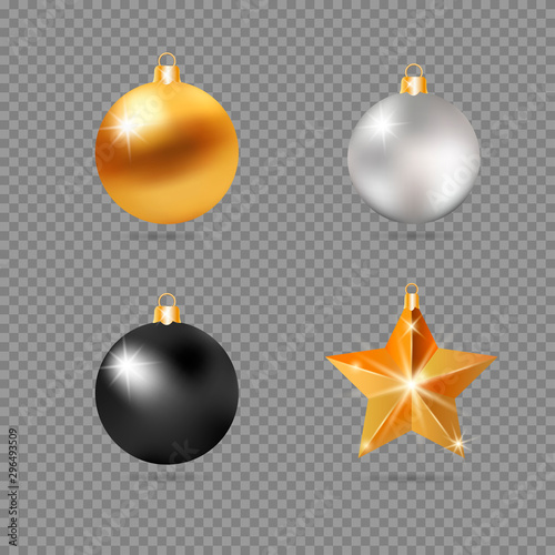 Realistic 3d Black, Silver and Gold Christmas Ball Fir Toys star shape golden silver sparkle.