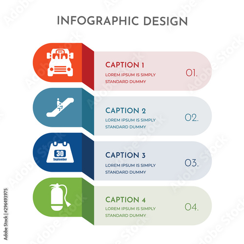4 colorful filled icons set such as extinguisher, calendar day thirty, escalator up, airport bus