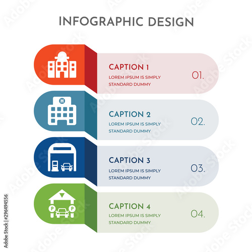 4 colorful filled icons set such as parking, gas station, hospital, city hall