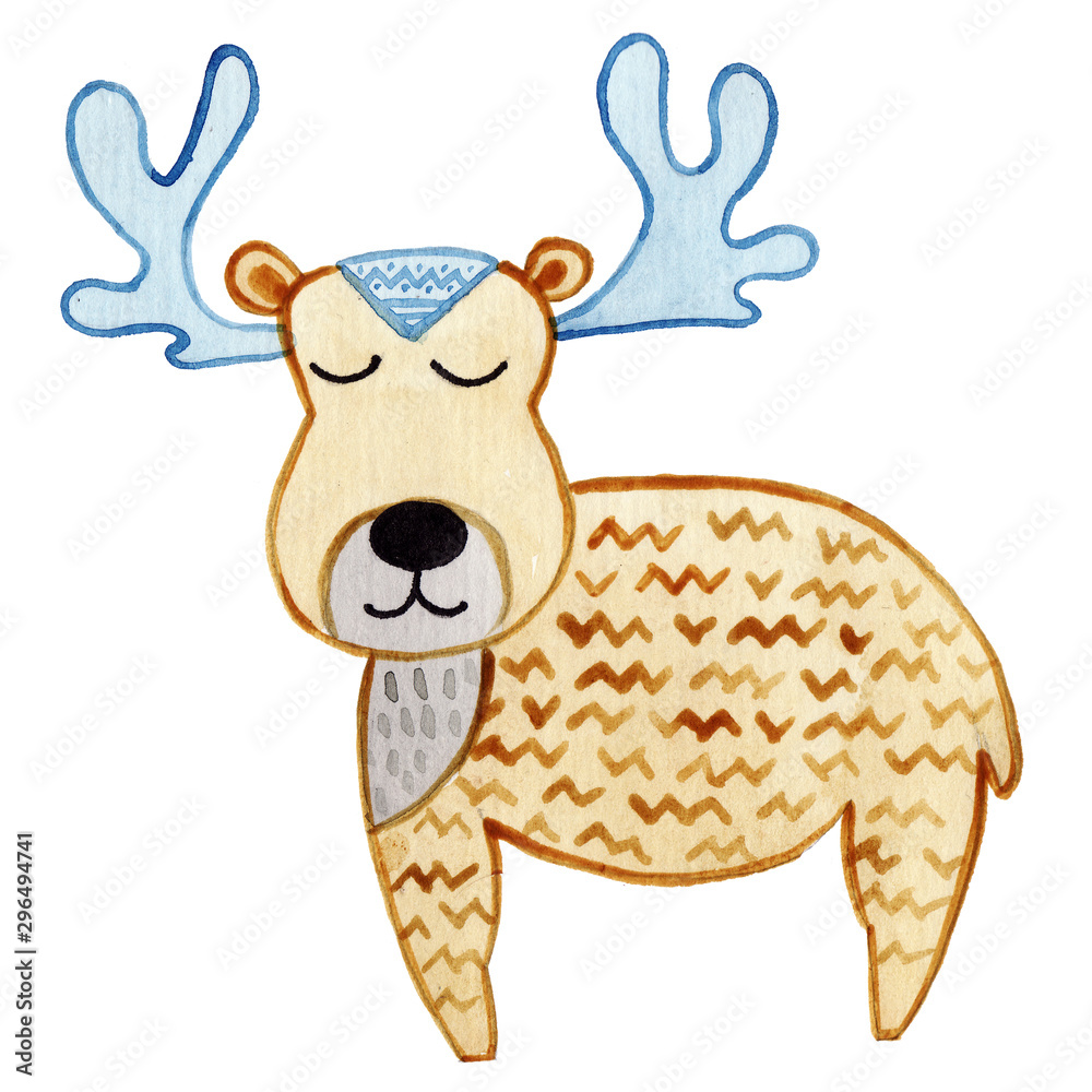 Watercolor cute cartoon animal. Hand painted isolated on white background. Best for children design, poster, wallpaper, nursery, fabric, textile. Cute elk in sandinavian style Watercolor cute cartoon animal. Hand painted isolated on white background. Best for children design, poster, wallpaper, nursery, fabric, textile. Cute elk in sandinavian style