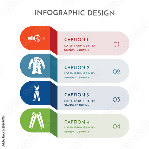 4 colorful filled icons set such as oxford wave suit pants, jumpsuit, trench coat, watches