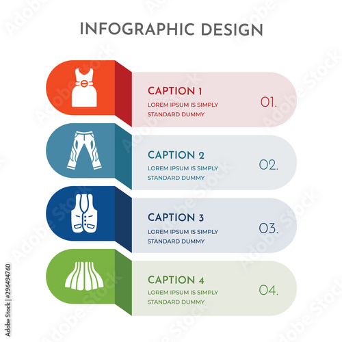 4 colorful filled icons set such as tulle skirt, vest, boyfriend low jean, drees