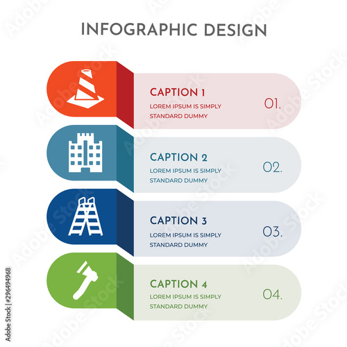 4 colorful filled icons set such as inclined ax, double ladder, constructions, road stopper
