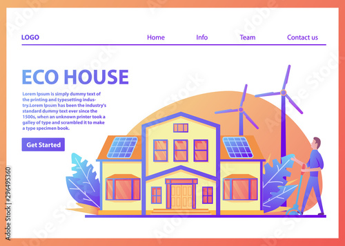 Landing page template.Green energy eco friendly suburban american house.Solar panel, wind power turbine.Family home facade.Flat vector.Web page.Website template.Young man includes  character cartoon.