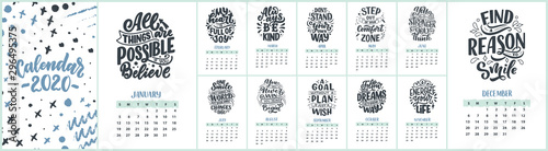 Modern typography lettering compositions. 2020 calendar with funny motivation quotes. Hand drawn illustrations. Trendy slogan, vector graphic