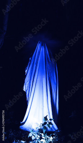 Ghost at night outdoors in blue lights. Halloween costume idea. Horror film concept. Scary things in the forest. Autumn feasts of all Saints Eve.
