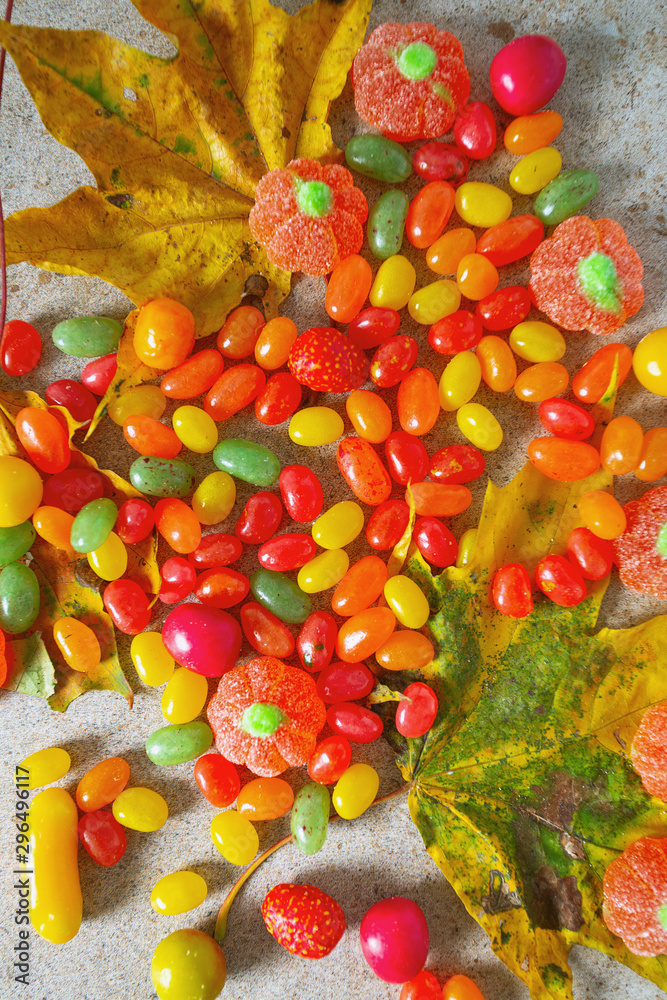 autumn color candies on granite surface