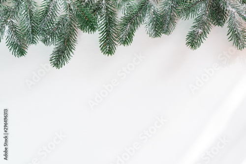 Fir branches in the snow with sunlight rayson a white background. Christmas background. Space for text. Top view. photo