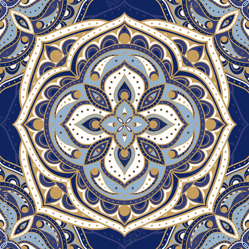 Indian floral mandala medallion paisley pattern vector seamless. Ethnic flower ornament texture motif background. Oriental print design for scarf, curtain, wallpaper, carpet, blanket, yoga clothing.