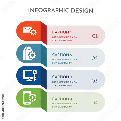 4 colorful filled icons set such as speedometer, keywords, tags, email