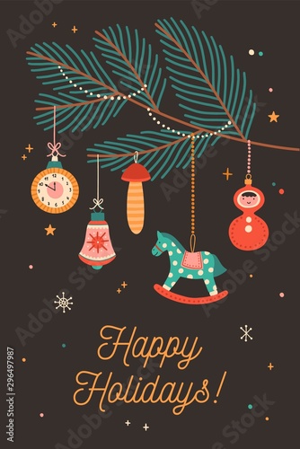 Happy holidays greeting cards vector template. Christmas postcard, poster concept with congratulations. Festive decorations, baubles hanging on fir tree branch flat illustration with calligraphy.
