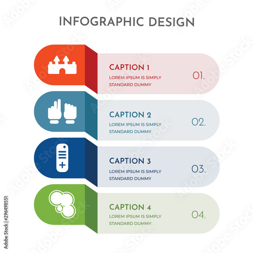 4 colorful filled icons set such as game center, remote, paper, castle