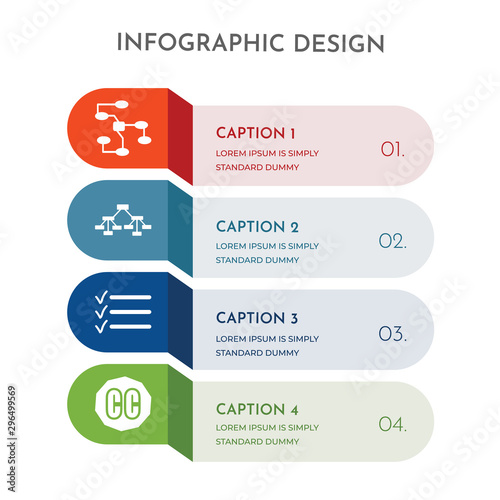 4 colorful filled icons set such as creative commons, list, hierarchical structure, nodes