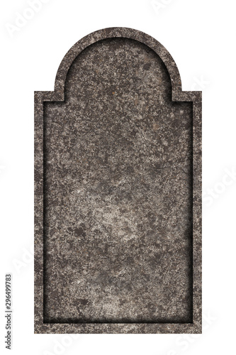 Decorated, oval granite tombstone on white background 