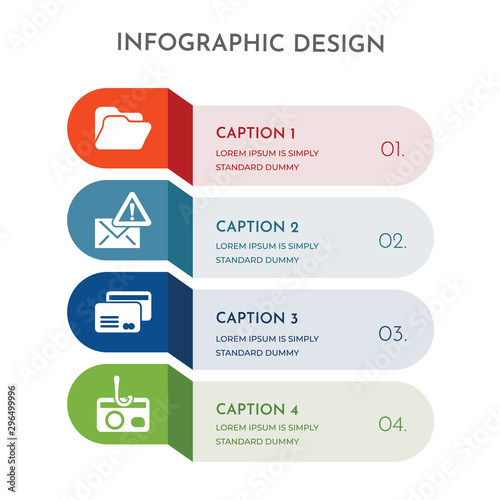 4 colorful filled icons set such as fishing, cit card, mail, folder