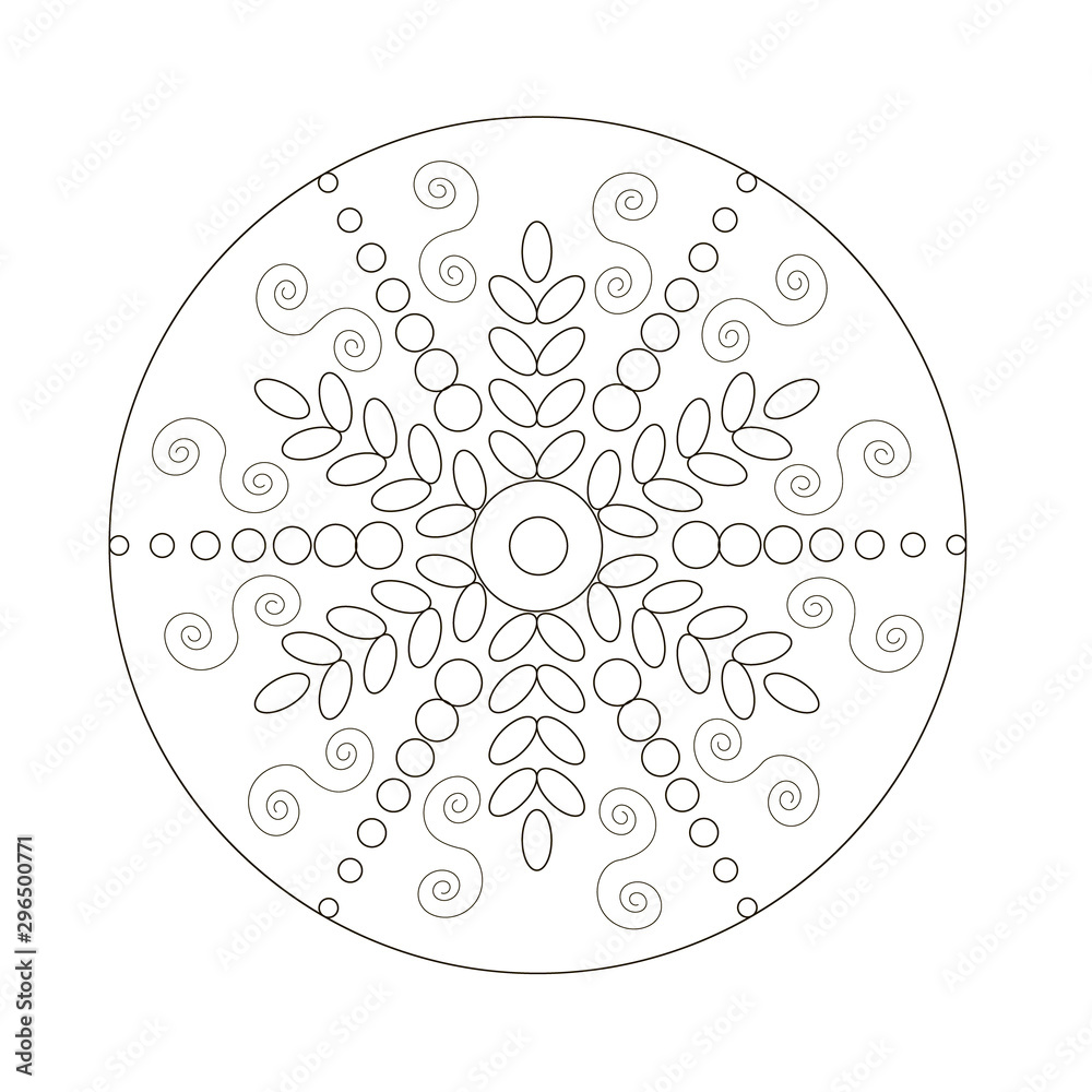 The picture shows a mandala with leaves. A typical mandala form is an outer circle with different leaves, flowers, inscribed in it.