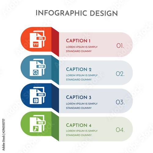 4 colorful filled icons set such as wav, indd, mov, eps
