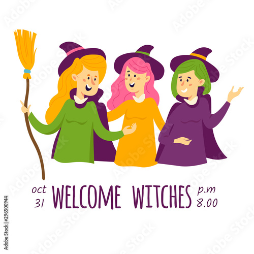 Halloween vector card, postcard, poster, invitation, flyer with people in different carnival costumes having fun in cartoon style isolated on white background.