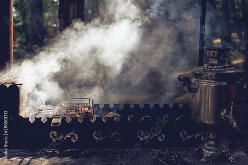 Barbecue with a samovar and grilled meat in nature