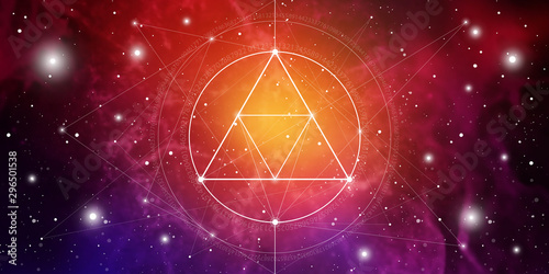 Sacred geometry website banner with golden ratio numbers, eternity symbol, interlocking circles and squares, flows of energy and particles in front of outer space background. The formula of nature.