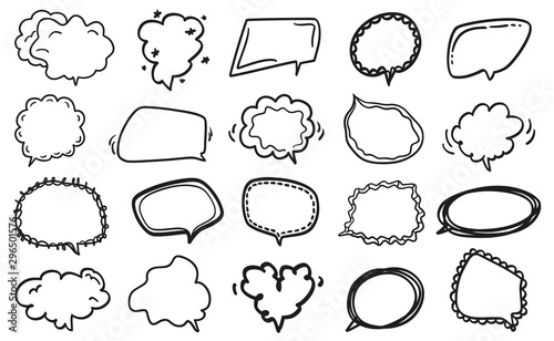 Set of hand drawn think and talk speech bubbles on white. Black and white illustration