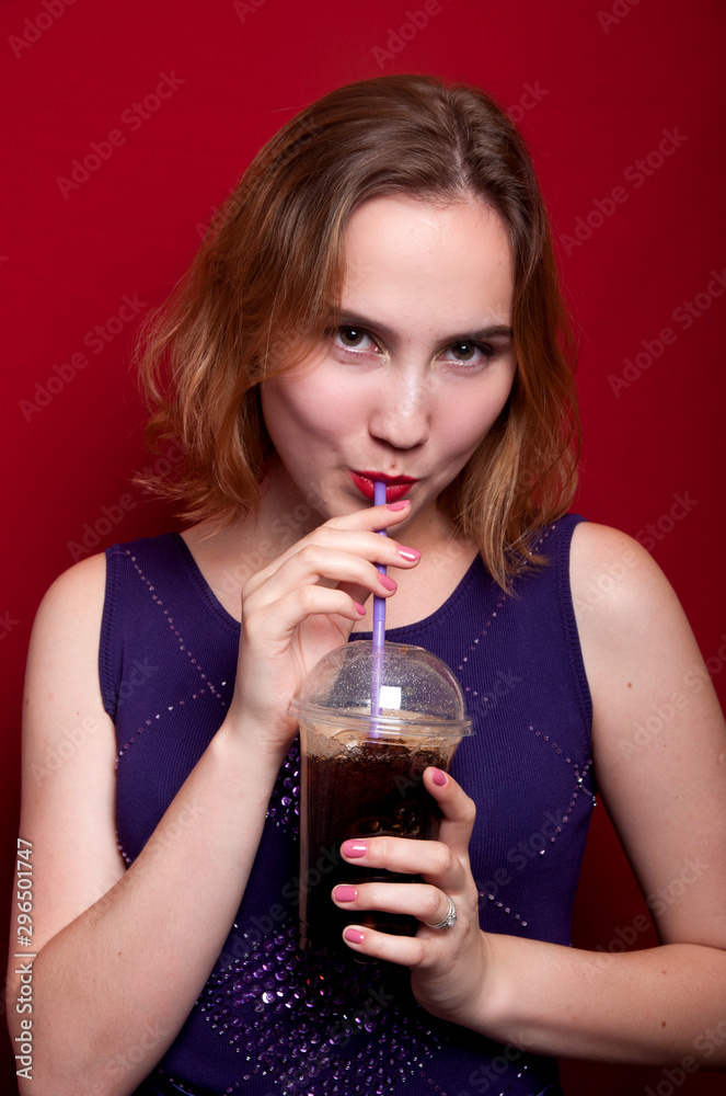 beautiful girl with French fries and drink beautiful girl with French fries and drink
