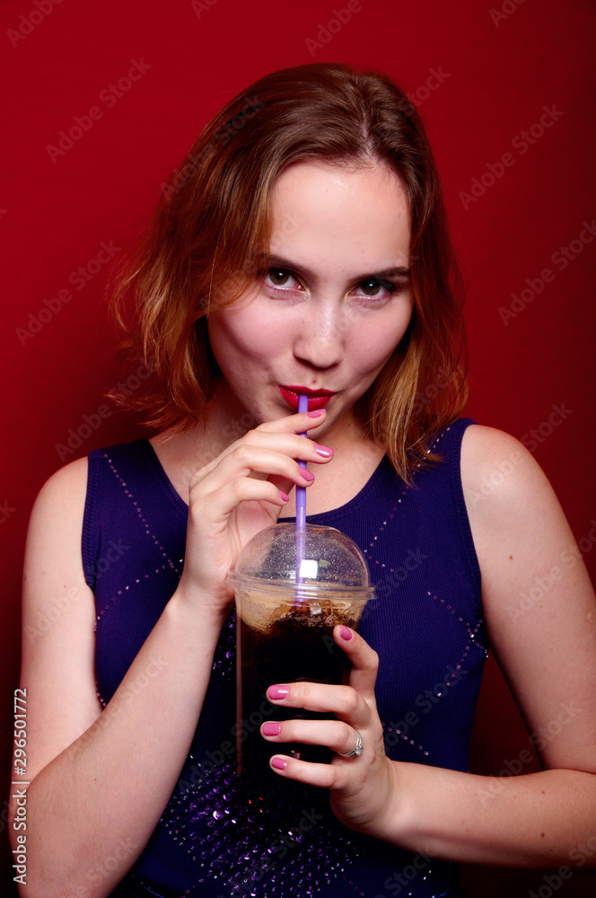 beautiful girl with French fries and drink beautiful girl with French fries and drink