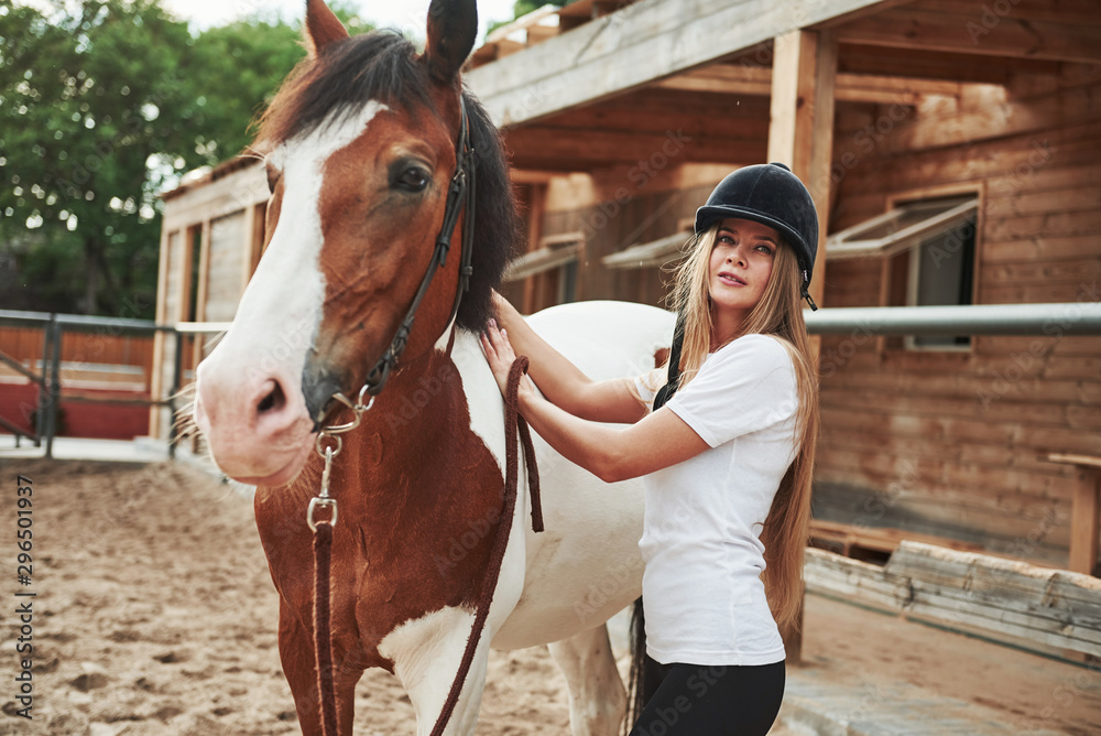 In black protective helmet. Happy woman with her horse on the ranch at daytime In black protective helmet. Happy woman with her horse on the ranch at daytime
