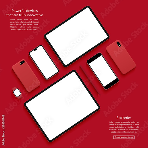 set of smartphones, tablets and smartwatch top view on a red background. gadgets mockup. stock vector illustration