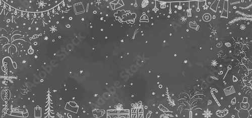 Hand drawn christmas background. Abstract chalkboard. Sketchy background with holiday elements. Design for your business. Black and white illustration