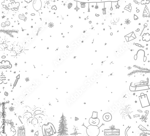 Hand drawn christmas elements. Abstract holiday signs and shapes. Sketchy background with different elements. Black and white illustration