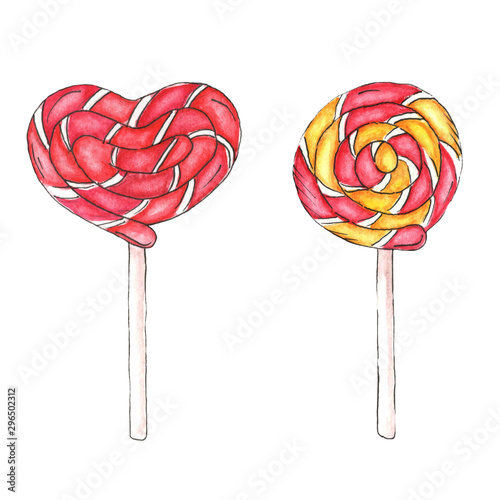 Watercolor sweet collection of lollipops and candies. Set of  lollipops. Hand drawn illustration.