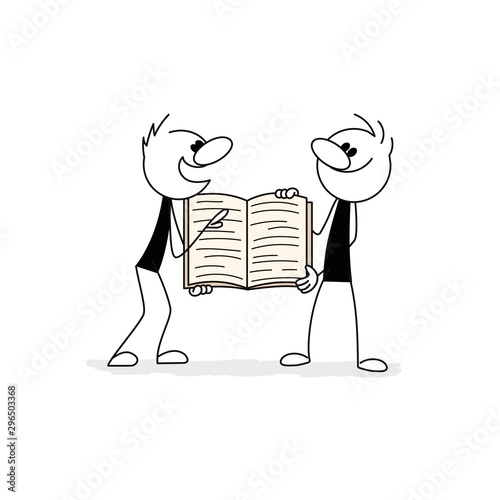 Doodle stick figure:  People with big book. Hand drawn cartoon vector illustration for business and school design.