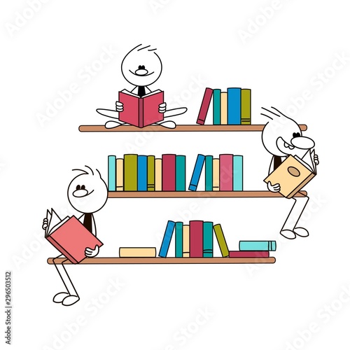 Doodle stick figure: Reading little people sitting on bookshelves. Hand drawn cartoon vector illustration for business and school design.