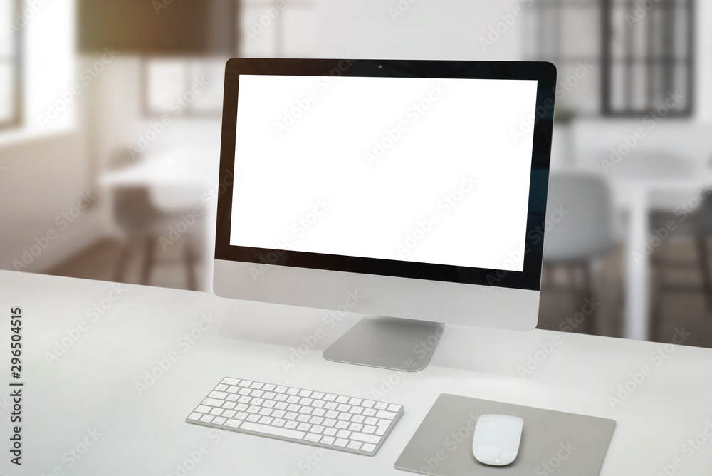 Computer display mockup on office desk. Isolated screen for app or web site presentation. Office interior in background. Computer display mockup on office desk. Isolated screen for app or web site presentation. Office interior in background.
